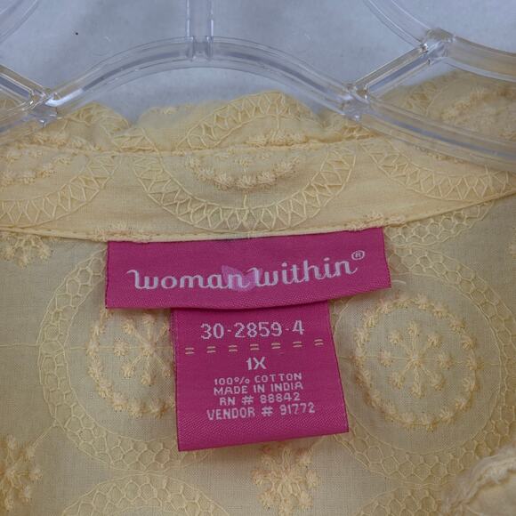 Woman Within Blouse Size 1X Yellow Embroidered Button Up Elbow Sleeve Cotton - Picture 3 of 8